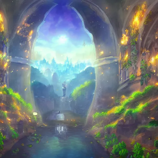 Prompt: heaven city fantasy pixiv scenery art inspired by magical fantasy