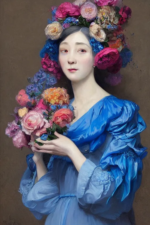 Image similar to a painting of a woman in a blue silk dress with a floral pattern, a colorful flowery character portrait by ruan jia, vivid color hues, intricate sharp detail, cgsociety, rococo, ilya kuvshinov, made of flowers, pre - raphaelite