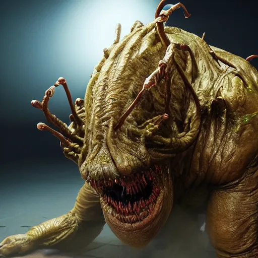 Image similar to hyperrealistic image of info wars alex jones as the thing film alien, stunning 3 d render, inspired by istvan sandorfi & greg rutkowski & unreal engine, full body shot, perfect symmetry, dim volumetric cinematic lighting, 8 k octane comprehensive render, extremely hyper - detailed, incredibly lifelike attributes, intricate, real flesh texture, masterpiece, artstation, stunning,