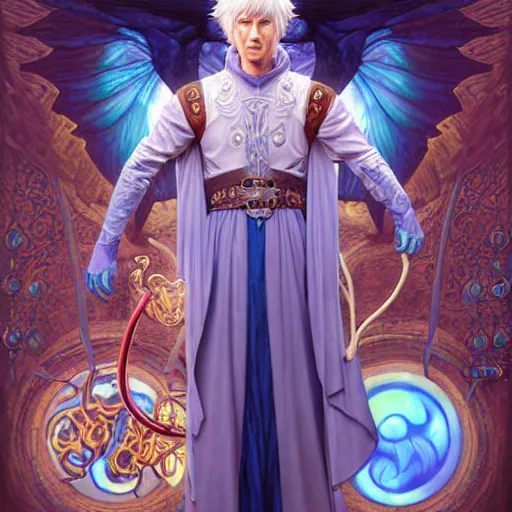 Image similar to half length portrait of a medieval fantasy sorcerer, a male anthropomorphic nerdy blue dragon with electrcity magic, fantasy, d & d, high details, art by ( ( ( kuvshinov ilya ) ) ) and wayne barlowe and gustav klimt and artgerm and wlop and william - adolphe bouguereau