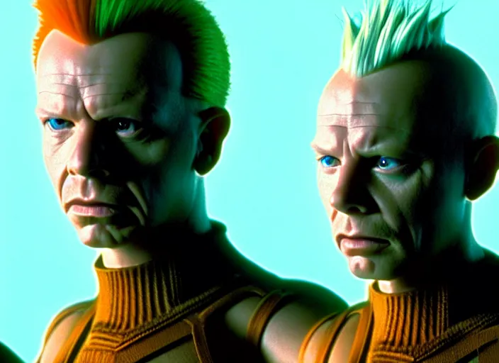 Image similar to still photo from the movie the fifth element, gary oldman, asymmetrical haircut, far future, highly detailed, trending on artstation, intricate, cinematic composition, by rutkowski