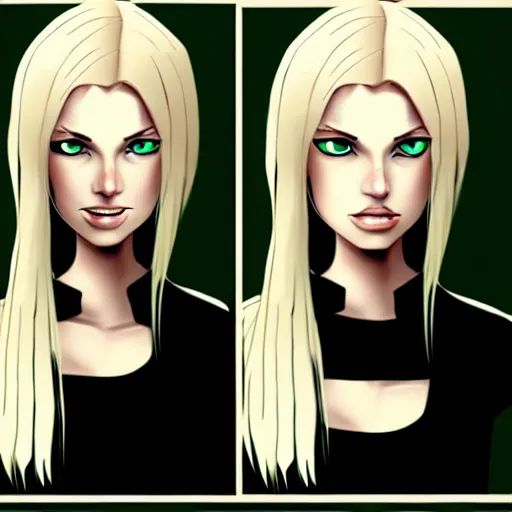 Prompt: long shot of blonde girl in black top, and with green eyes, digital art, trending on artstation