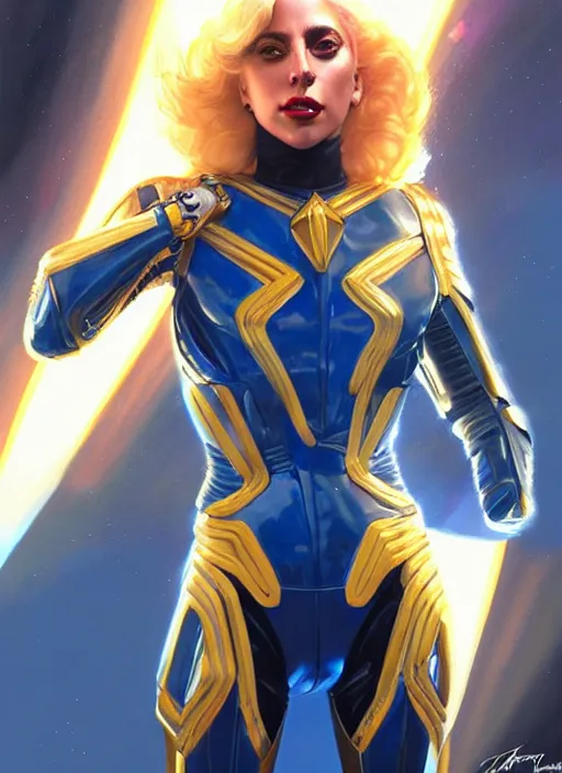 Prompt: lady gaga as nova corps officer, intricate, elegant, glowing lights, highly detailed, digital painting, artstation, glamor pose, concept art, smooth, sharp focus, illustration, art by artgerm and greg rutkowski, artey freytag