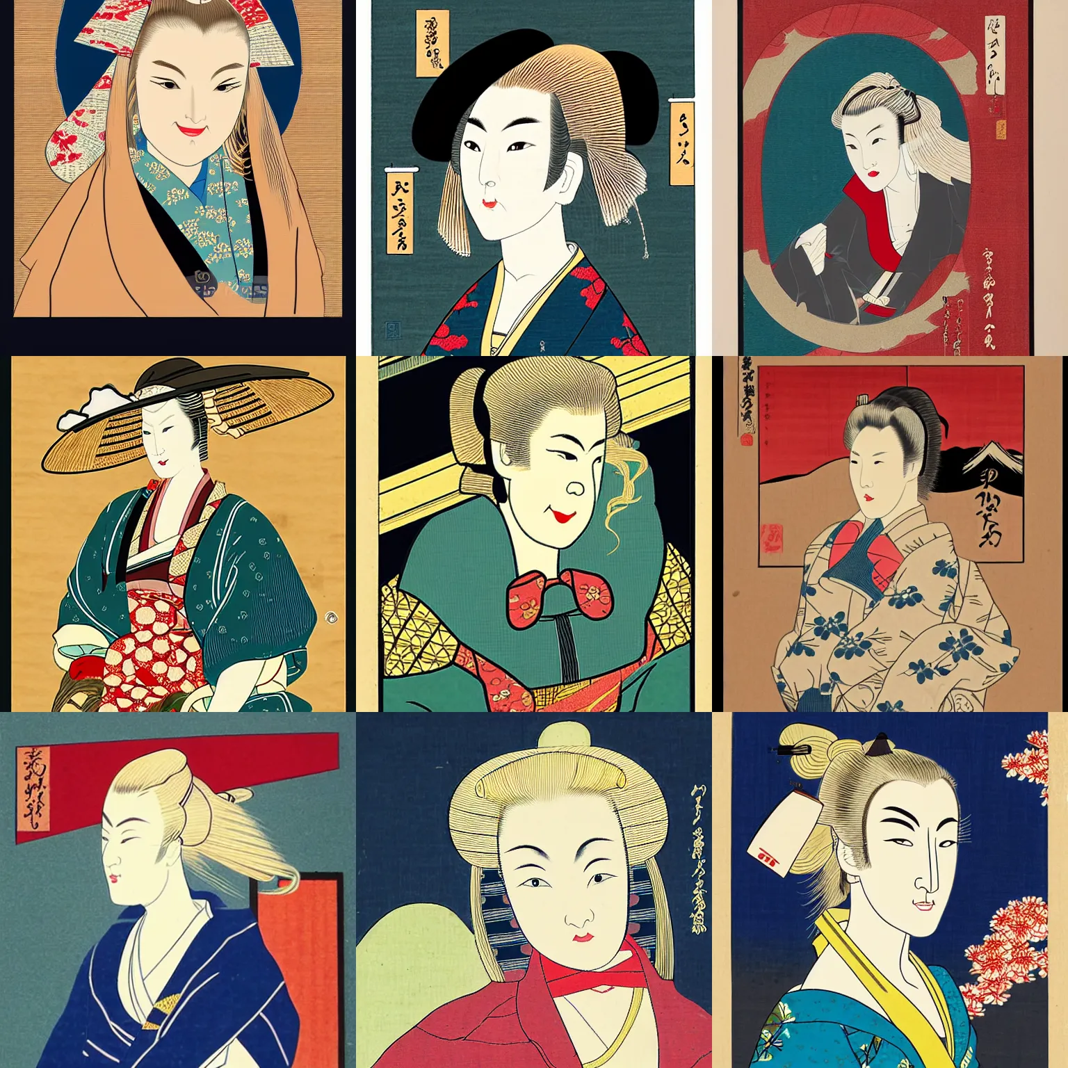 Prompt: a blonde western woman portrait in the style of ukiyo - e