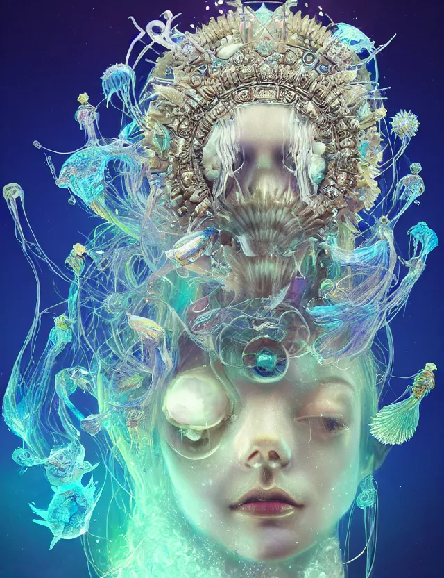 Prompt: goddess macro shouler portrait from bottom to top in crown made of ram skull. betta fish, jellyfish phoenix, bioluminiscent, plasma, ice, water, wind, creature, super intricate ornaments artwork by tooth wu and wlop and beeple and greg rutkowski and alexander fedosav