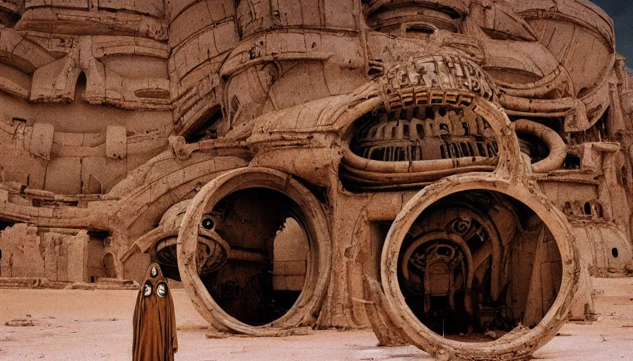 Prompt: levitating bene gesserit with full - face golden mask in a dry rocky desert landscape, alien city ruins designed by giger, giant abandoned alien city by alejandro jodorowsky, anamorphic lens, kodakchrome, practical effects, masterpiece, 8 k