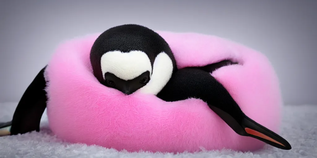 Image similar to realistic penguin sitting in a pink fluffy bed