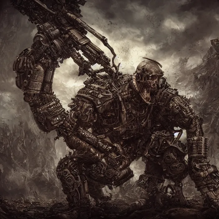 Prompt: apocalyptic man attached to machine weaponry, hyper - detailed, smooth, sharp focus, 4 k ultra hd, fantasy dark art, apocalyptic art