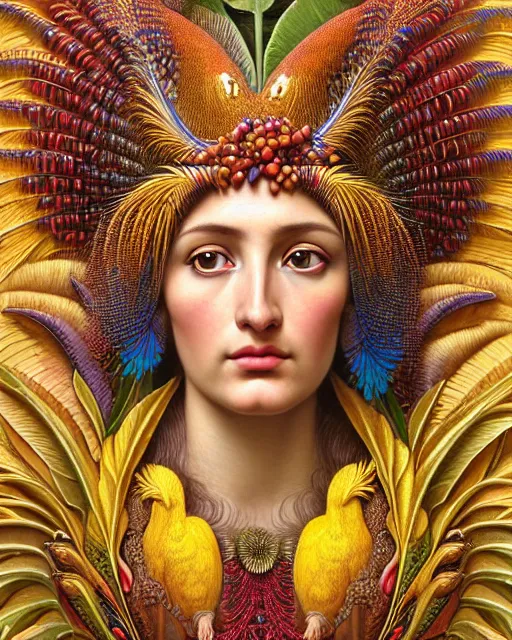 Prompt: hyperrealistic detailed face portrait of the beautiful goddess of the golden pheasants with an intricate headgear of golden pheasant, red berries, leaves, field flowers, pears, apples, art by ernst haeckel, john william godward, android jones, alphonso mucha, h. r. giger, gothic - cyberpunk, ornamental, beautiful deep colours,