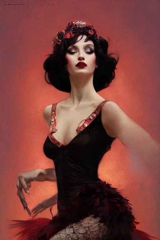 Prompt: a beautiful portrait of ballerina with long black and deep red colored hair dressed as a 1 9 6 0 s go - go dancer, intricate, elegant, highly detailed, digital painting, artstation, concept art, matte, sharp focus, illustration, art by greg rutkowski and alphonse mucha