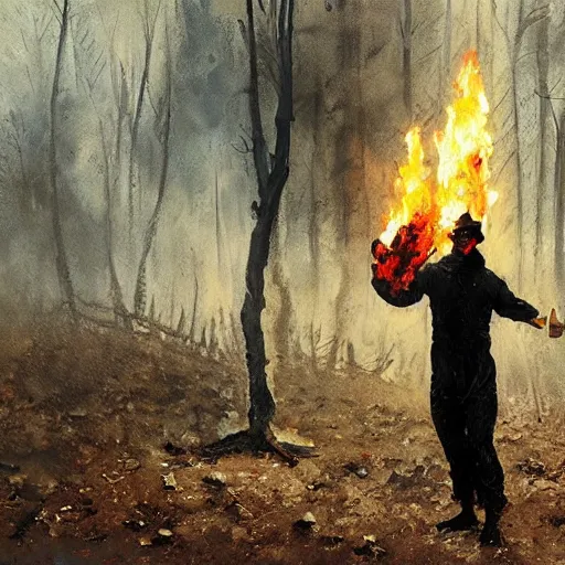 Prompt: Painting by Greg Rutkowski, a french mime burns down a forest