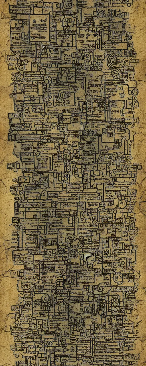 Image similar to a cyberpunk parchment with sketches and matrix rain, ancient text, neon, fractals, recursive, magic, technological, cyberpunk, lovecraft