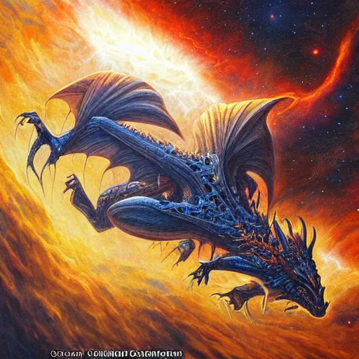 Image similar to an alien dragon flying in outer space, epic nebula, Dan Seagrave art