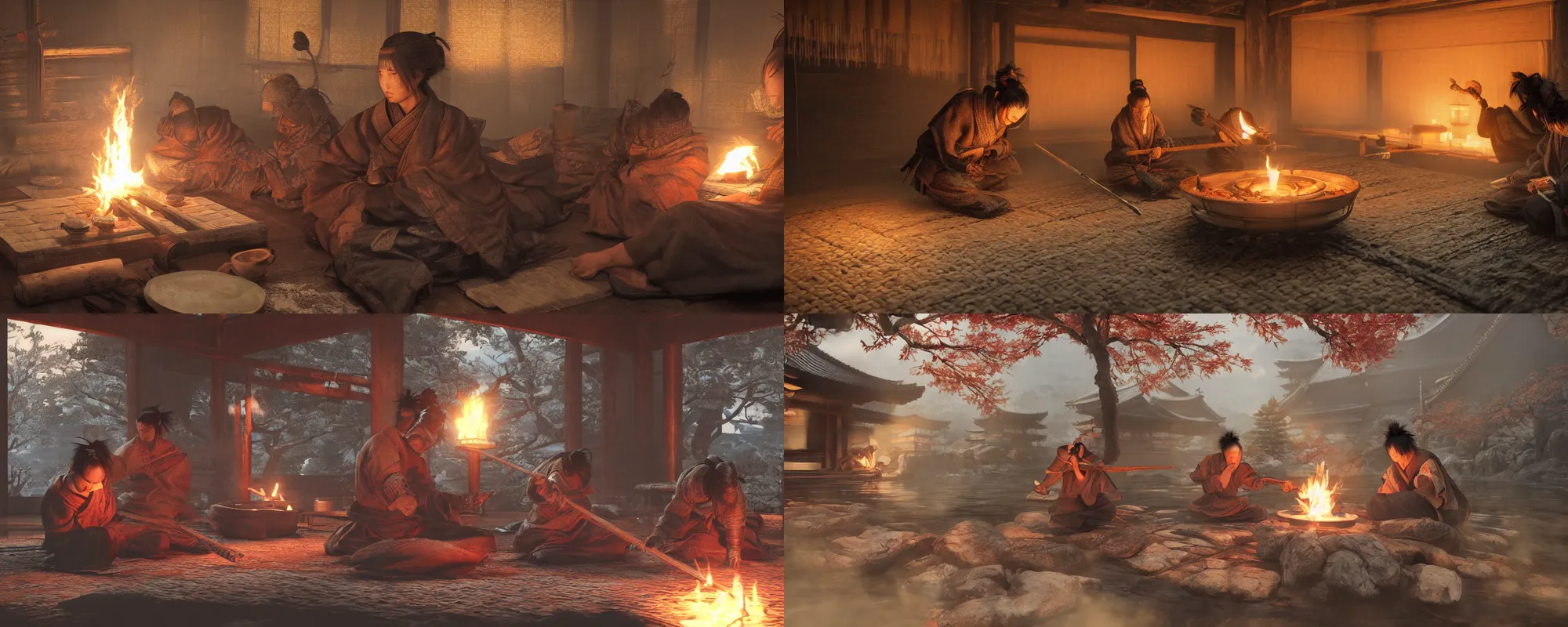 Prompt: Sekiro drinking sake, sitting under a kotatsu in an edo period hut, irori fireplace, godrays, warm lighting, 4k, trending on artstation