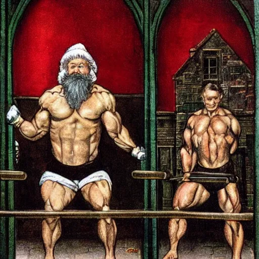 Prompt: santa lifting weights, squats, gothic triptych