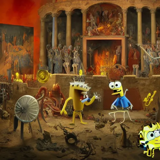 Prompt: spongebob squarepants in dante's inferno with trumpeters and demons, intricate detail, hieronymous bosch, whealan, hd, unreal engine