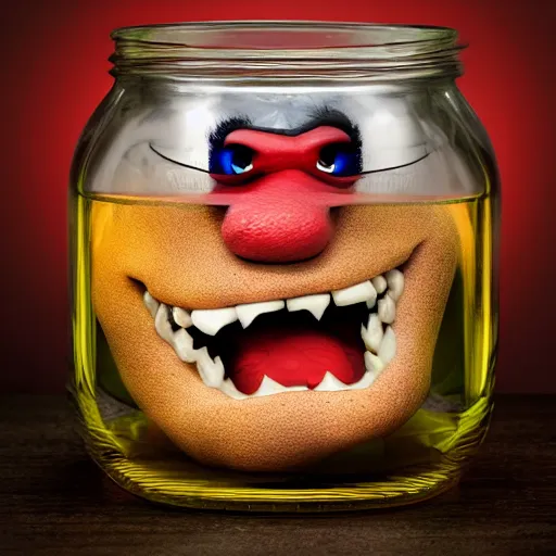 Image similar to Evil monster in a jar by Mike Francini, product photography, centered, studio lightning