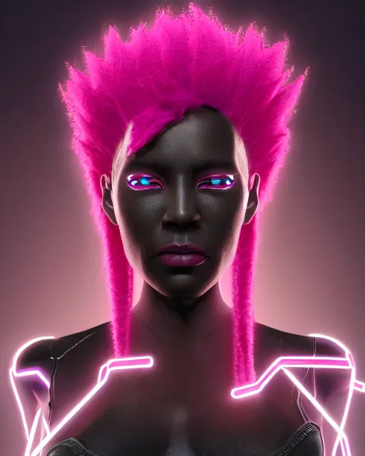 Prompt: portrait of a beautiful black woman with pink hair as a cyberpunk cyborg half robot, revealing wires and electronics, sci - fi, missing panels, intricate abstract upper body intricate artwork, concept art, octane render, deviantart, cinematic, key art, hyperrealism, iridescent accents, portrait photograph, nikon 3 5 mm, photograph by greg rutkowski