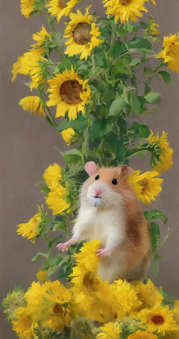 Image similar to a highly detailed beautiful portrait of a cute little hamster surrounded by beautiful lemons and sunflowers, by gregory manchess, james gurney, james jean