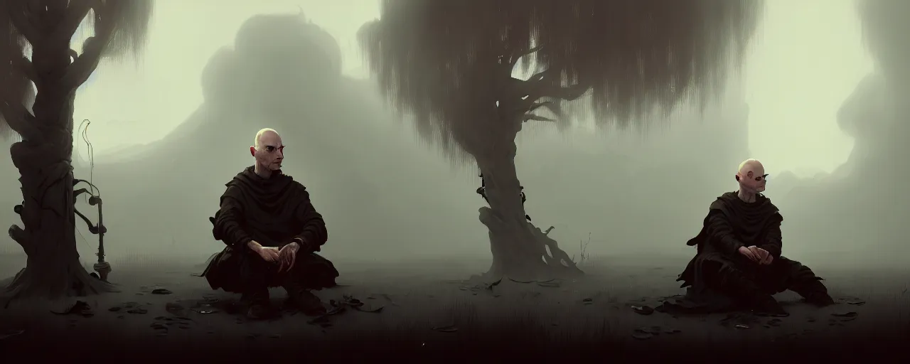 Image similar to duotone noir illustration close up of bald merchant demon sitting below willow tree in medieval brown tunic. foggy evening. dark dream atmosphere with volumetric hellish lighting, by sachin teng and sergey kolesov and ruan jia and heng z. graffiti art, scifi, fantasy, hyper detailed. octane render. concept art. trending on artstation