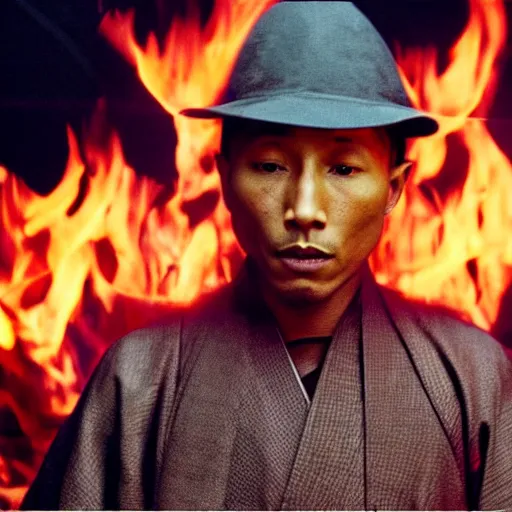 Image similar to cinematic film still Pharrell Williams starring as a Samurai that is on fire, Japanese CGI, VFX, 2003, 40mm lens, shallow depth of field,film photography