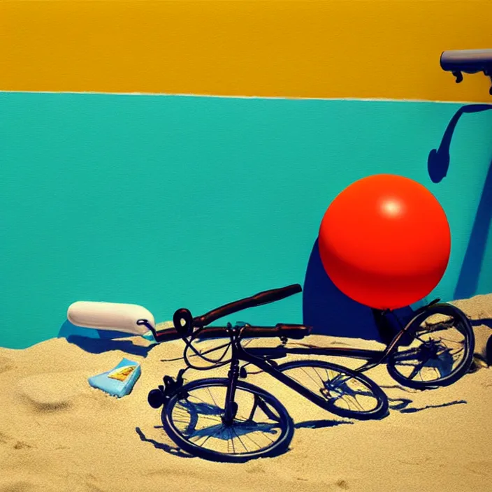 Prompt: a beautiful painting of a beachball and a bike pump, soft lighting, warm colors, hd, by dali