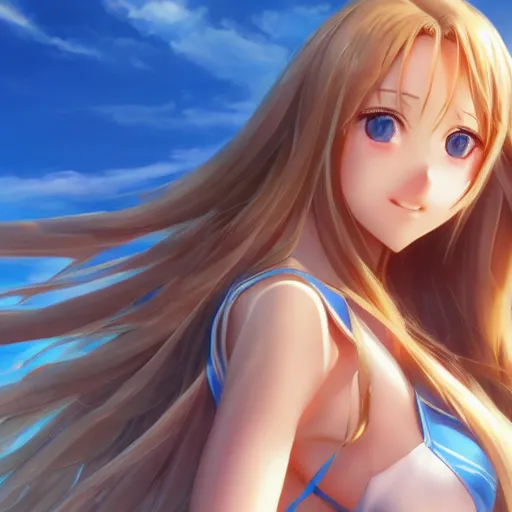 Image similar to a very beautiful yuuki asuna, full body, long wavy blond hair, sky blue eyes, full round face, bikini, miniskirt, front view, mid - shot, cute pose, highly detailed, cinematic wallpaper by stanley artgerm lau