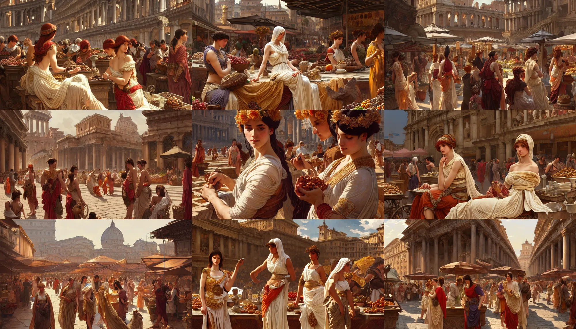 Prompt: market in ancient rome, intricate, elegant, highly detailed, digital painting, artstation, concept art, smooth, sharp focus, illustration, art by artgerm and greg rutkowski and alphonse mucha, 8 k