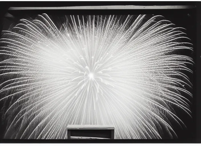 Image similar to realistic photo of a white fireworks, in a wooden box, front view, grain 1 9 9 0, life magazine reportage photo, metropolitan museum photo