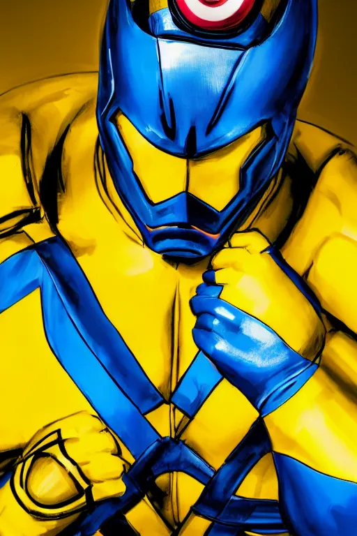 Image similar to marvel superhero, strong man with blue and yellow costume, goggles and leather helmet, yellow boots, yellow gloves, detailed portrait, cell shaded, 4 k, concept art, illustration by john byrne and terry austin. cinematic dramatic atmosphere, sharp focus, volumetric lighting, cinematic lighting, studio quality