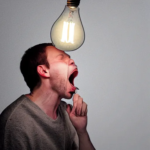 Prompt: a screaming man captured in a lightbulb