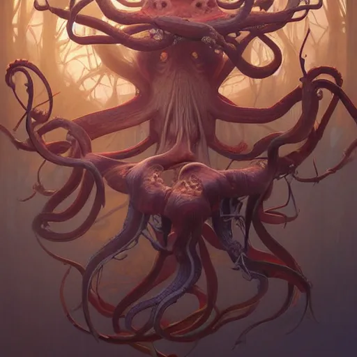 Prompt: forest octopus, intricate, elegant, highly detailed, digital painting, artstation, concept art, smooth, sharp focus, illustration, art by artgerm and greg rutkowski and alphonse mucha and william - adolphe bouguereau