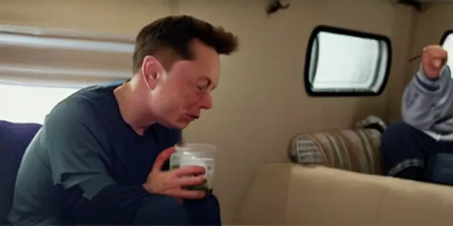 Image similar to full distant shot of bald elon musk in a tracksuit drinking beer in the couch in a dirty trailer, by ken loach