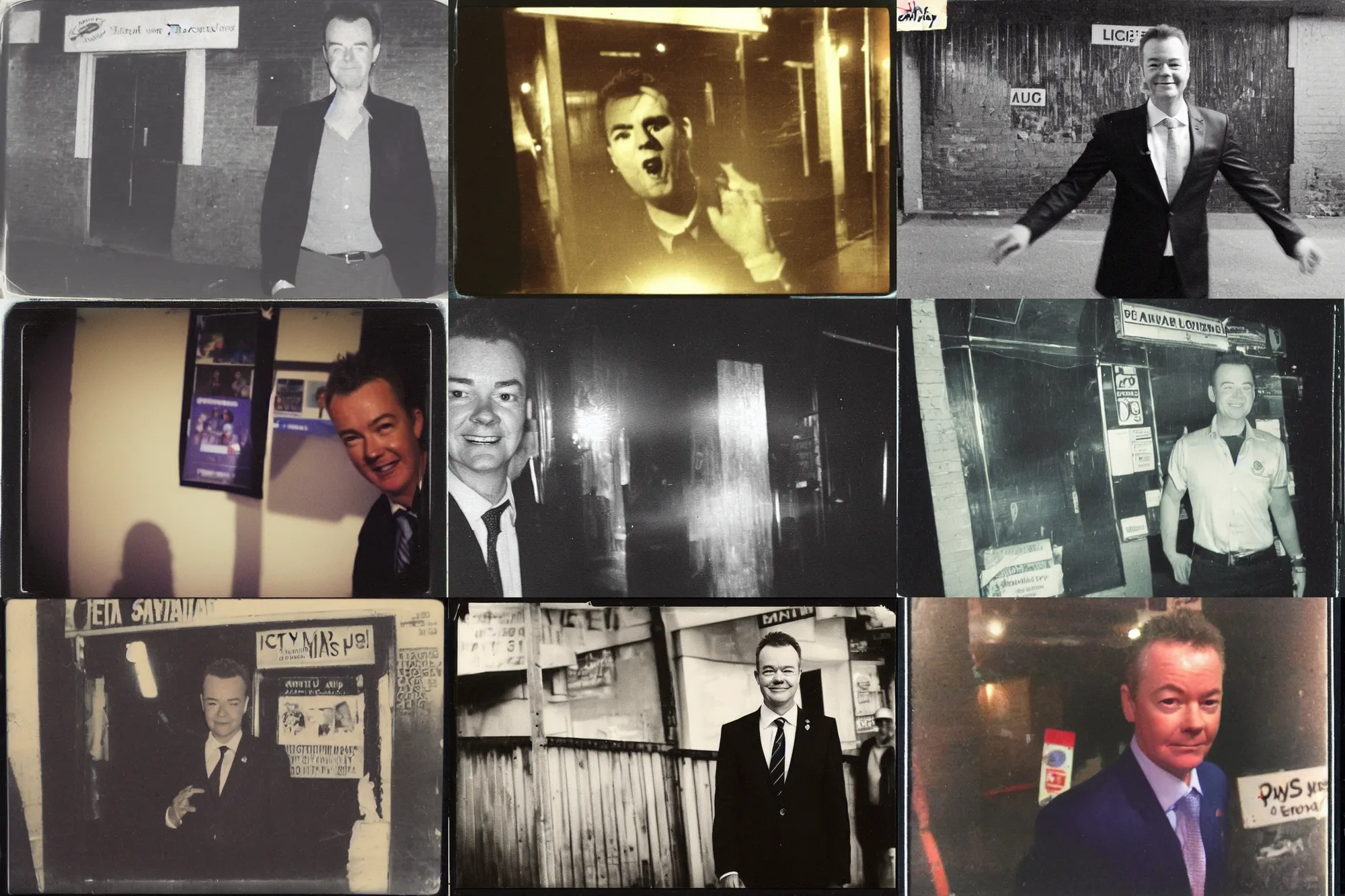 Prompt: Australian politician Christopher Pyne standing outside a seedy nightclub at night, ultra realistic, polaroid photograph