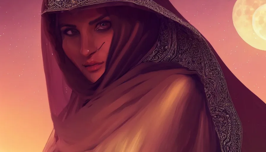 Image similar to Portrait of very very very very very very beautiful Arab woman wearing a Niqab, glowing magical eyes, energy trails, under giant full moon in the desert, intricate, elegant, highly detailed, digital painting, artstation, concept art, smooth, sharp focus, illustration, art by artgerm and greg rutkowski and alphonse mucha