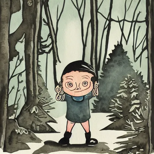 Prompt: mcbess illustration, watercolor, of a little boy with a backpack in a forest