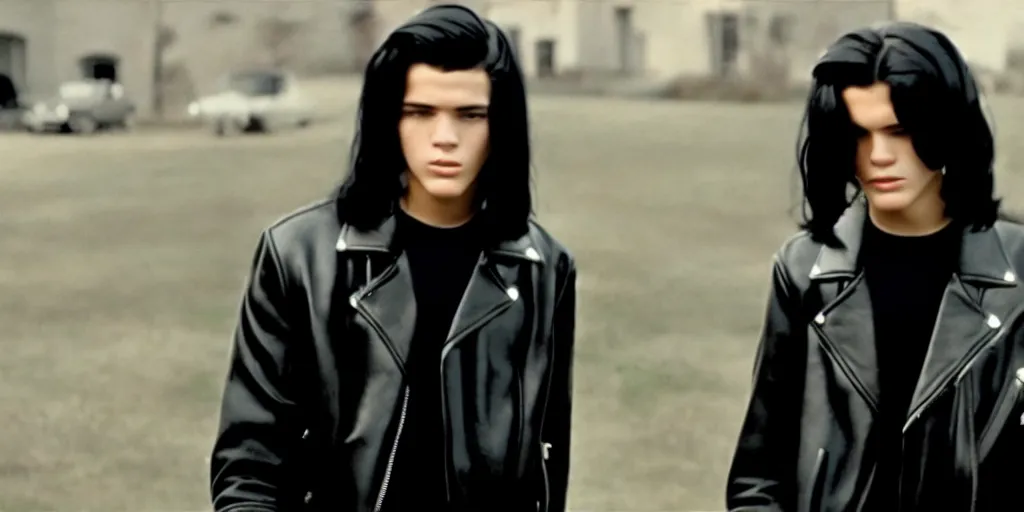 Image similar to a young thug like male teen wearing a black leather jacket has long black hair, 6 0 s era, film still, anamorphic lens, inspired by the outsiders