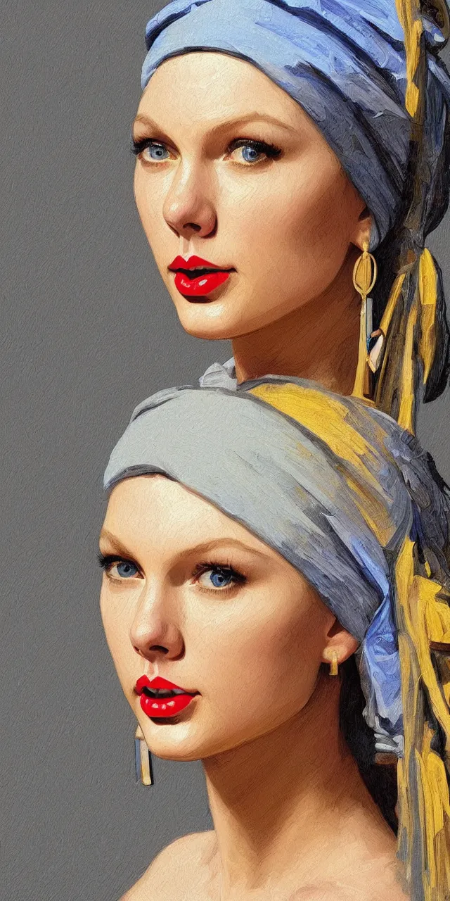 Image similar to Taylor Swift as the girl with the pearl earring, highly detailed, digital painting, artstation, concept art, smooth, sharp focus, illustration, ArtStation, art by artgerm and greg rutkowski and alphonse mucha and J. C. Leyendecker and Edmund Blair Leighton and Katsuhiro Otomo and Geof Darrow and Phil hale and Ashley wood and Ilya repin and Charlie Bowater