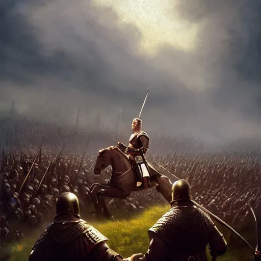 Image similar to robert the bruce leading scottish troops at bannockburn to fight the english, 4 k, concept art, by wlop, ilya kuvshinov, artgerm, krenz cushart, greg rutkowski, pixiv. cinematic dramatic atmosphere, sharp focus, volumetric lighting, cinematic lighting, studio quality