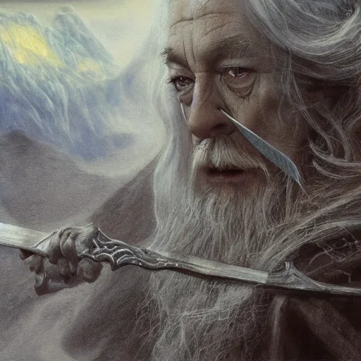 Image similar to gandalf with a sword in his hand on a bridge fighting an enormous balrog from hell, by alan lee, lord of the rings, smooth, detailed terrain, oil painting, matte painting, concept art, trending on artstation