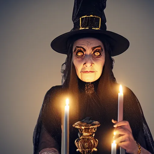 Prompt: portrait of angry witch, candles, 4 k, sharp focus, intricate and ornate, octane render