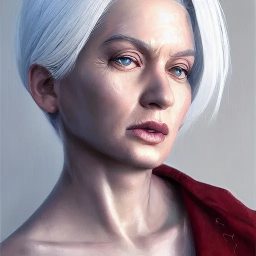 Prompt: a painting of a woman with white hair, a character portrait by pogus caesar, featured on cgsociety, photorealism, detailed painting, artstation hd, ultra detailed