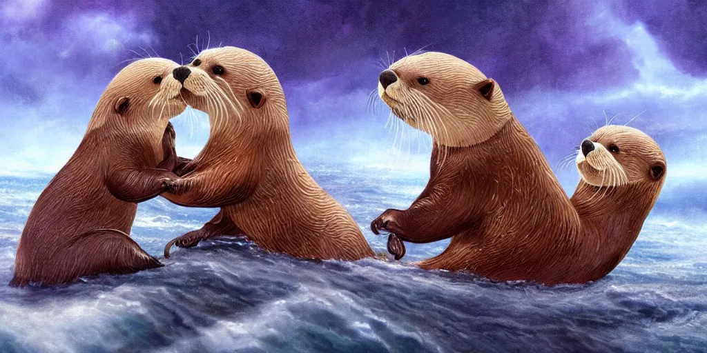 Image similar to beautiful fantasy illustration of a pair of adorable otters falling in love holding hands in a huge storm at sea cinematic dreamlike detailed trending on artstation masterpiece