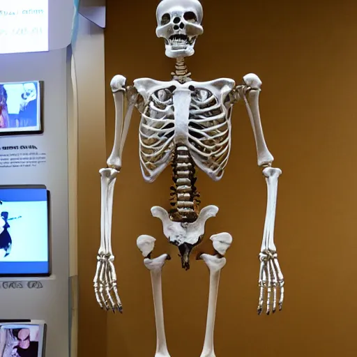 Prompt: human skeleton in alien museum exhibit