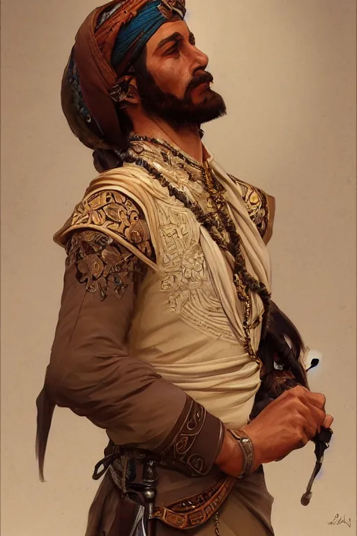 Image similar to A full portrait of an ancient arabian scout, intricate, elegant, highly detailed, digital painting, artstation, concept art, smooth, sharp focus, illustration, art by Krenz Cushart and Artem Demura and alphonse mucha