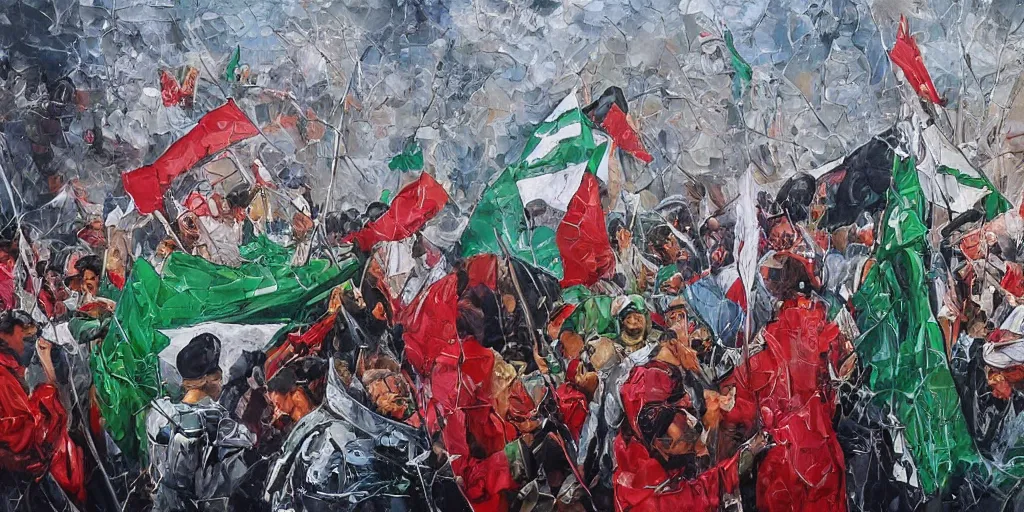 Image similar to dramatic painting of freedom for palestine, red green white black