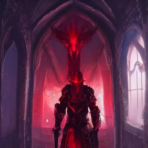 Image similar to blood knight, red, glowing halo, fantasy art, located in a castle, morning sunlight through the window, decorated, high quality, highly detailed, 4 k