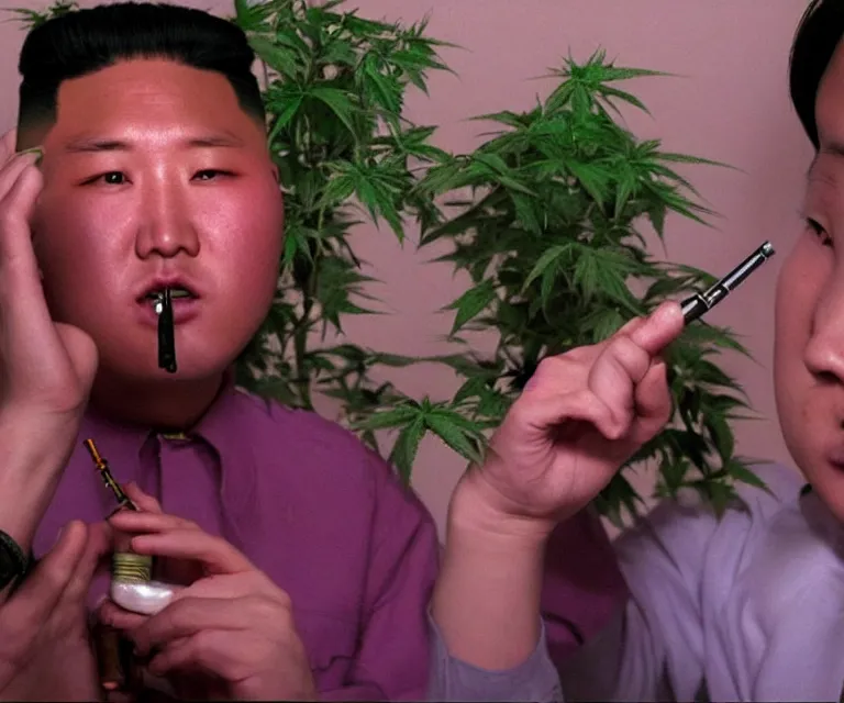 Image similar to hyperralism weed express ( 2 0 0 8 ) movie still photography of realistic detailed north korean kim chen with detailed face smoking reviewing detailed weed bush in detailed basement bedroom ultra violet light