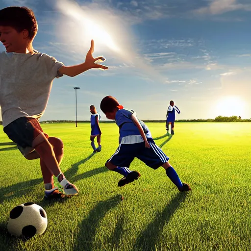 Image similar to boys playing soccer on a floodplain field with family members sitting in the stands, south america's, sunny day, atmosphere, dynamic light, photorealistic, dynamic light, ultra detailed