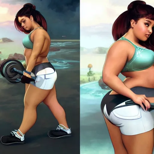 Image similar to Chubby Ariana Grande working out, very thick waist, Mark Edward Fischbach, intricate, highly detailed, digital painting, artstation, concept art, smooth, sharp focus, illustration, Unreal Engine 5, 8K, art by artgerm and greg rutkowski and alphonse mucha